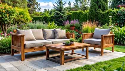 close up,wood sofa and table made of metal and wood in the yard and garden on the garden tiles