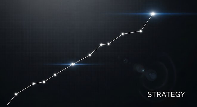 Abstract line graph with glowing points charting a strategic upward trajectory against a dark, subtly lit background, representing progress and planning