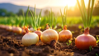 close-up of the onion plantation in the vegetable garden