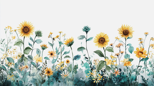 Elegant wedding invitation card white background . Minimal hand painted watercolor Sunflowers texture template background. Design for wedding, vip cover, poster, rsvp modern card.Valentine's Day