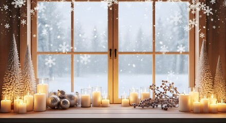 Cozy christmas window with candles and snow falling outside