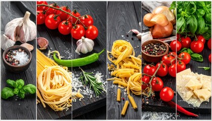 Collage mix set of Vegetables and spices ingredient for cooking italian food on black wooden old board in rustic style.
