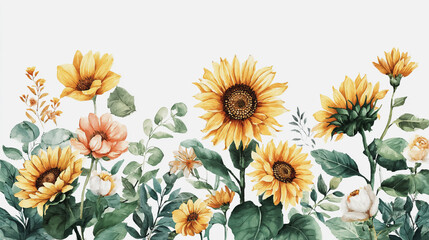 Elegant wedding invitation card white background . Minimal hand painted watercolor Sunflowers texture template background. Design for wedding, vip cover, poster, rsvp modern card.Valentine's Day