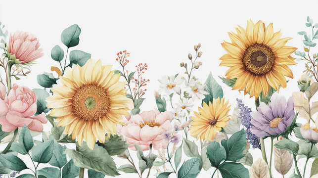 Elegant wedding invitation card white background . Minimal hand painted watercolor Sunflowers texture template background. Design for wedding, vip cover, poster, rsvp modern card.Valentine's Day