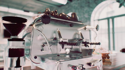 In a warm and inviting cafe, a modern espresso machine stands proudly as baristas prepare fresh coffee. Soft light filters through large windows, enhancing the aromatic atmosphere.