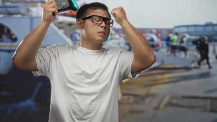 Man squints against harsh glare and grips a game controller with clenched fist on sunlit street by boat; frustration. - Powered by Adobe