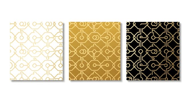 Three circuit board patterns in gold, white, and black colors