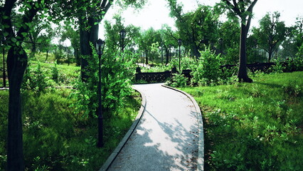 Winding pathways lead through a vibrant green park filled with trees and lush plants under a clear blue sky. Gentle sunlight creates a peaceful and welcoming atmosphere.