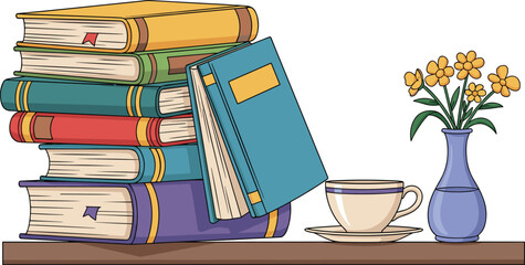 Stack of colorful books with open book, coffee cup, and vase of flowers on wooden table, reading and study concept illustration