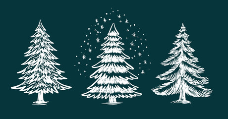 Christmas tree set on blue, hand drawn illustration	
