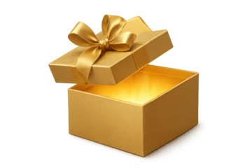 Golden gift box opening with lid, glowing light inside, revealing surprise, reward concept