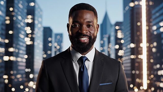 Professional Black Man Wearing A Dark Suit And Blue Tie Smiling Confidently With Blurred Cityscape Lights At Dusk Creates A Sense Of Success And Ambition