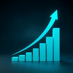 A vibrant blue 3d chart with a glowing upward arrow against a dark background, representing significant business growth and success