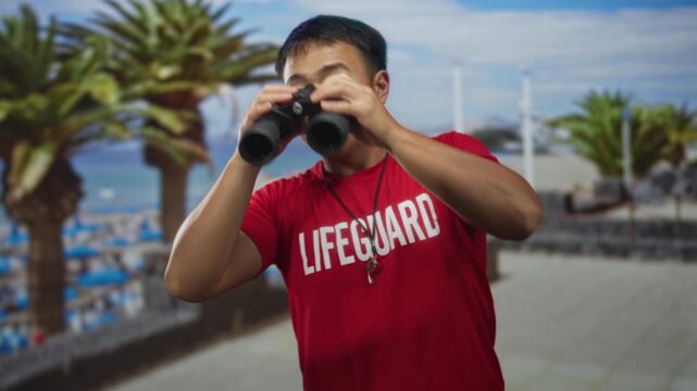 Lifeguard man holds binoculars to eyes in street by seaside scanning horizon; vigilance duty focus commitment.
