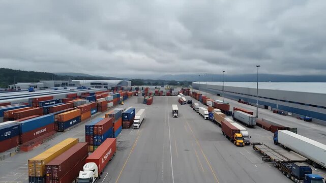 Wide aerial drone shot of a massive container terminal with rows of trucks and stacked shipping cargo
