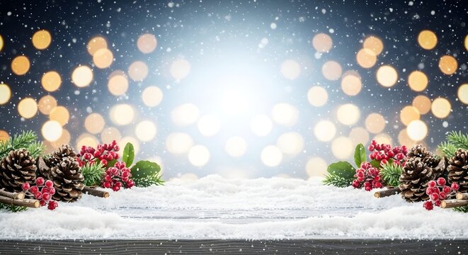 Festive christmas arrangement with pine cones and bokeh lights