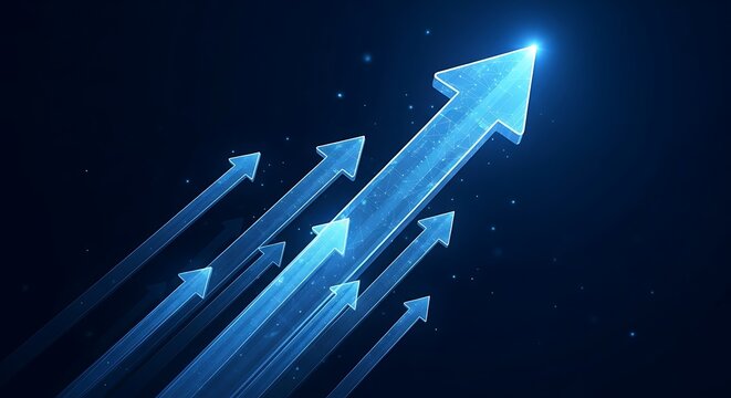 Dynamic blue arrows ascending diagonally, representing forward movement and achieving goals in a digital space