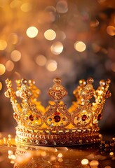 Obraz premium Golden crown resting on reflective surface with bokeh lights in the background close up shot luxury