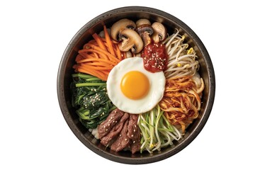 Colorful Korean mixed rice bowl with beef, vegetables, and fried egg
