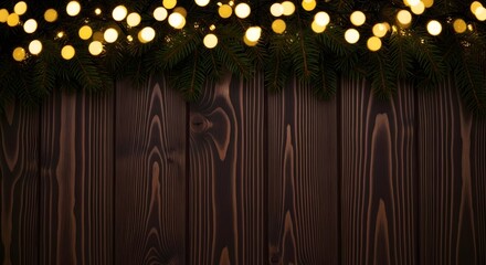 Christmas lights on wooden background for festive decoration