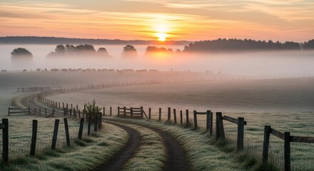 Obraz premium Serene countryside sunrise over misty fields with a lone horse and winding path