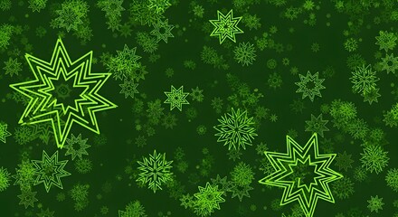 Green background with sparkling christmas stars and snowflakes