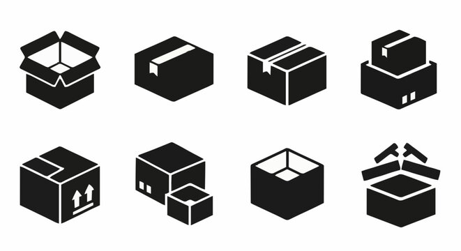 Black isometric icons of cardboard boxes symbolizing parcel delivery, e-commerce logistics, moving, and secure packaging services