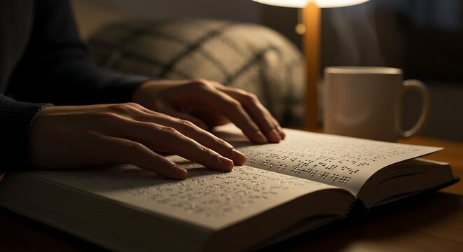 Person reading braille book under warm lamp light in cozy bedroom at night, showcasing accessibility and quiet moment of learning and relaxation.