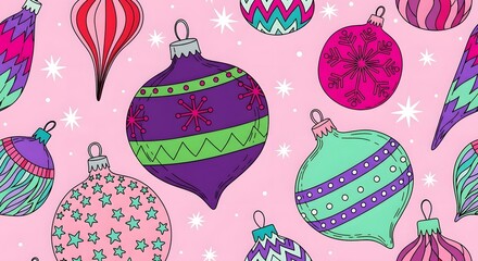Colorful christmas ornaments with a pink background for the holidays