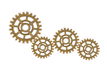 Gear and cogs wheels isolated on a white background, clock mechanism, brass metal engine industrial.