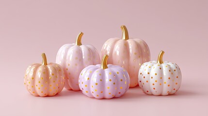 Elegant pastel pumpkins with golden accents, perfect for autumn decor, celebration styling, and seasonal themed events featuring soft color palette.