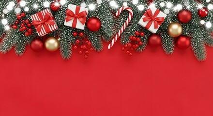 Festive christmas arrangement with gifts and ornaments on red background