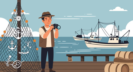 Obraz premium Coastal photography excursion showcasing a fisherman capturing boats at seaside