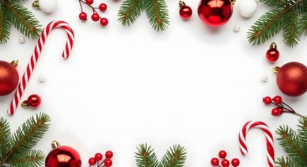 Festive christmas frame isolated on white background with ornaments
