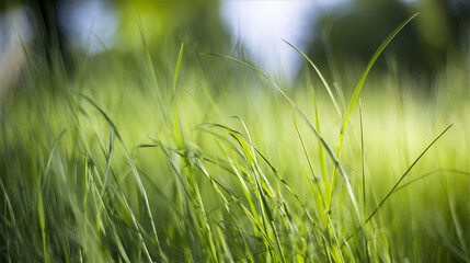 shallow. Fresh spring grass blades highlighted by sunlight with a soft, blurred effect. travel magazines, destination branding, designed for outdoor magazines and nature guides.