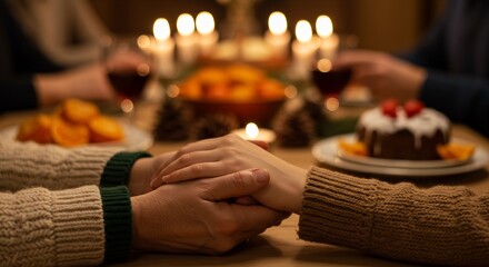 Couple holding hands at a candlelit dinner table with food and wine, intimate setting