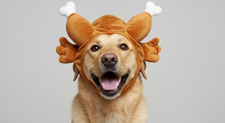 Happy golden retriever dog wearing a funny turkey drumstick hat