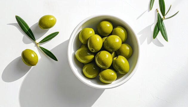 Bowl of fresh green olives with olive leaves scattered on a white surface with dramatic shadows and sunlight - Powered by Adobe