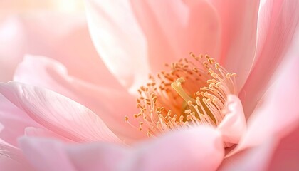 Close up extreme macro shot of a delicate pink rose flower with soft natural sunlight illuminating the yellow stamen and intricate petal details creating a serene and romantic atmosphere