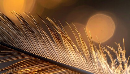 Close up macro of a delicate feather with golden sparkles reflecting light against a soft bokeh background