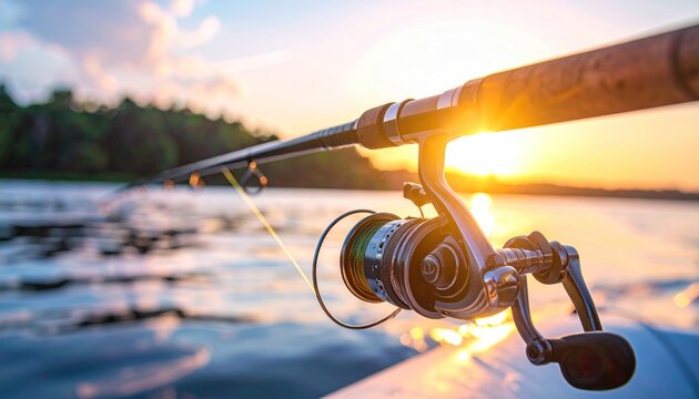 Fishing rod spinning with the line close-up. Fishing rod in rod holder in boat due the fishery day at the sunset. Rod rings.