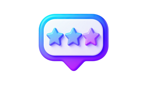 Three stars in a rounded white speech bubble with a gradient blue to purple outline on a black background
