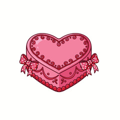 Hand drawn vintage heart-shaped cake with bows and ribbons. Cute girly illustration, perfect for Valentine’s Day, wedding invitations, or birthday cards.