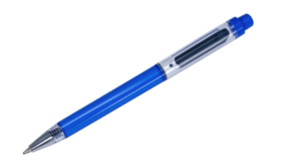 Blue ballpoint pen with transparent top and silver tip, on a black background at a slight angle