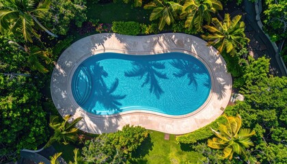 Aerial View Of An Outdoor Swimming Pool Surrounded By Lush Green Tropical Trees And Palm Trees Casting Shadows On The Blue Water On A Sunny Day