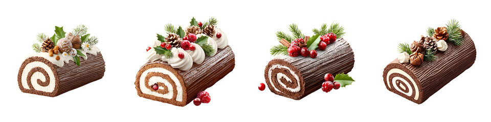 Christmas Yule Log Cakes: Festive Holiday Desserts Isolated