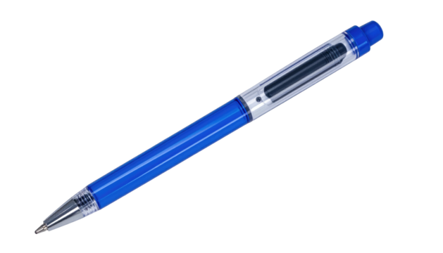 Blue ballpoint pen with transparent top and silver tip, on a black background at a slight angle