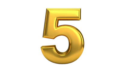 A shiny, metallic golden number five against a stark black background, reflecting light