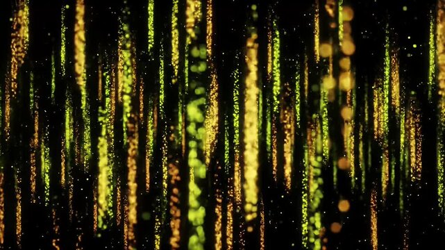 Golden And Yellow Particles Falling Like Rain Against A Dark Background With Bokeh Effect And Subtle Light Streaks