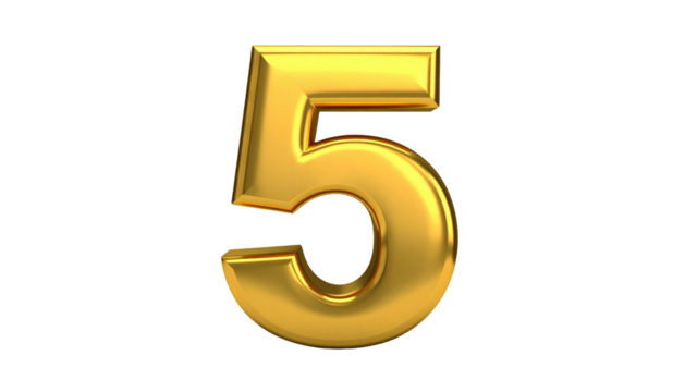 A shiny, metallic golden number five against a stark black background, reflecting light - Powered by Adobe